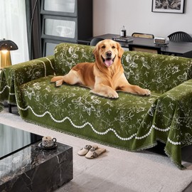 Akpgq Boho Anti-Slip Couch Cover Soft Pet-Friendly Sofa Cover for Dog Chenille Couch Cover Multi-use Furniture Protector Cover Washable (SMHY-Green, 91"*134")