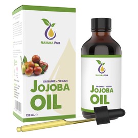 Natura Pur Organic Jojoba Oil Gold 120 ml - 100% Native, Cold Pressed, Vegan - Anti-Ageing Serum for Face, Anti-Wrinkle, Body, Hair, Skin, Hands, Nails - Natural Base Oil