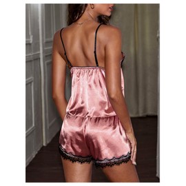 SweatyRocks Women's 2 Piece Satin Pajama Set Lace Trim Camisole Top and Shorts Silk Sleepwear Dusty Pink Large