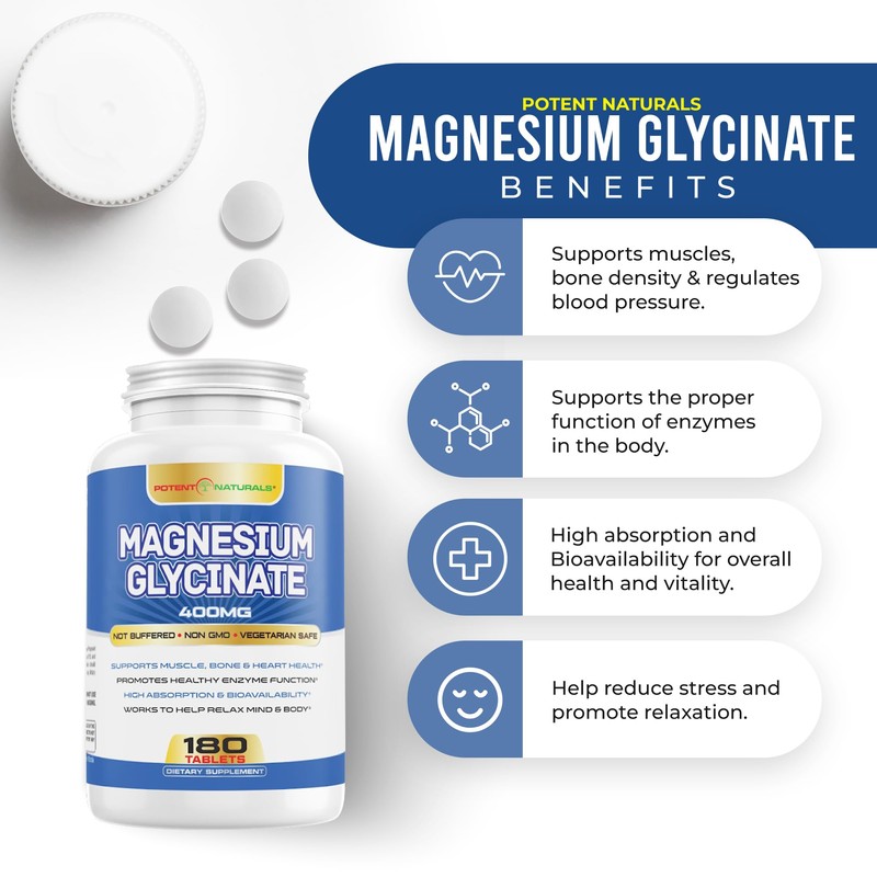 POTENT NATURALS Magnesium Glycinate 400mg 180 Tablets - Gentle Absorption