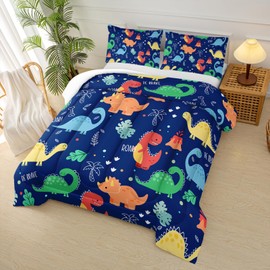 lneffble Cartoon Dinosaur Comforter Set Twin,Colorful Dinosaur Quilt Set for Boys,Dino Roar Bedding Set,Kawaii Comforter Set,Wild Animals Theme Blue Bedding Set