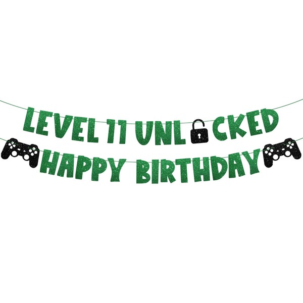 Gaming 11th Birthday Banners for Boys - Green Level 11