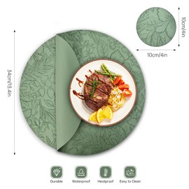 Washable Placemats and Coasters, Set of 4, Double-Sided Place Mats, Round, Leather, Non-Slip Placemats, Waterproof, Faux Leather Place Mat, Leather Look (Green)