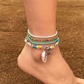 ZMANYIJEW Boho Anklets for Women Ocean Beach Shell Anklet Charm Bohemian Colorful Rice Beads Anklet Hand-Woven Anklets for Women (Starfish and Shell)