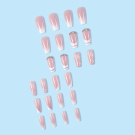 White Press on Nails Coffin False Nails Medium Fake Nails White Flower Acrylic Nails French Tip Press on Nails Gradient Pink White Stick on Nails with Rhinestone Design Spring Summer Artificial Nails