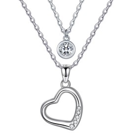 REIOT Women's Silver Necklace, Double Chain Made of 925 Sterling Silver with Cubic Zirconia Pendant, Mother's Day Birthday Gift for Mum, Ladies, Chain Length 45 + 5 cm, Sterling Silver