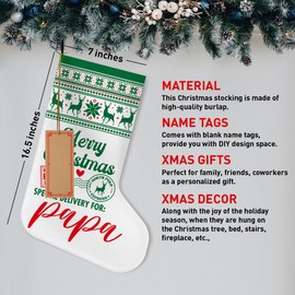 UDNADKEX Papa Christmas Stocking Gift, Christmas Stocking Gift for Grandpa Grandfather Reindeer Snowflake Green Pattern Holiday Xmas Stocking Home Fireplace Decorations 16.5 Inches, Merry Christmas