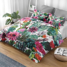 Pamnest Comforter Set Queen Size, Vintage Boho Cactus Soft Bedding for Kids and Adults, Succulent Flower Botanical Comforter Set with 2 Pillowcases for Bedroom Bed Decor