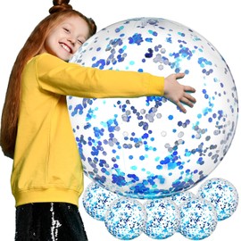 Civaner 6 Pieces Inflatable Beach Ball Swimming Pool Balls 24 Inches Bouncy Glitter Jelly Ball Confetti Beach Ball Glitter Beach Ball Floating Confetti Ball for Summer Beach, Pool Party Favor (Blue)