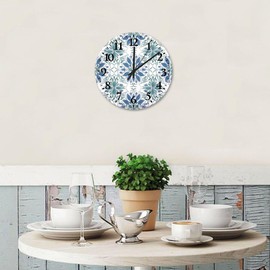 Silent Wall Clock Silent Non-Ticking Large Numbers Battery Operated Blue Lotus' Floral Country Wood Clocks Plant Garden Waterlily Oriental Wall Decor for Study Room Living Room Church 10 Inch