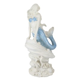 Ebros Gift Nautical Marine Aqua Blue Tailed Mermaid Sitting On Sea Rock Figurine 11.5" H Ocean Aquamarine Princess Ariel with Coral Reef Decorative Statue As Nautical Beach Coastal Sea Life Decor