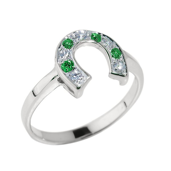 Fine 925 Sterling Silver Green and White CZ Lucky Horseshoe