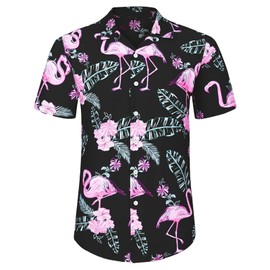 Angenster Hawaii Shirt Men, 3 Pieces Hawaii Outfit Men's Festival Outfit with Fishing Hat Hawaiian Shirt Shorts, Summer Shirt Men's Flamingo Floral Beach Shirt Wrinkle Free Holiday Shirt Set