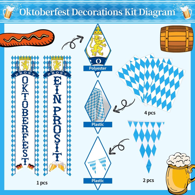 Oktoberfest Decorations Kit - White and Blue Oktoberfest Tablecloth, Oktoberfests