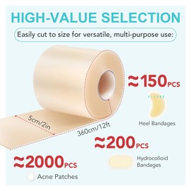 Hydrocolloid Roll for Wound Care, Hydrocolloid Patch Bandages with Self-Adhesive, Flexible & Waterproof Wound Cover, 2IN x 11.8FT