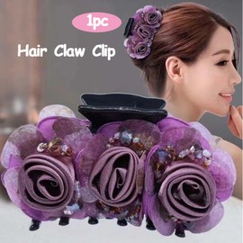 AsggBah 1pc Large Hair Claw Clips with Rose Flowers Plastic Hair Claws Jaw Barrettes Big Floral Hair Bows Fancy Hair Grips Clamps Bun Thick Hair Holder for Women Girls (Purple)