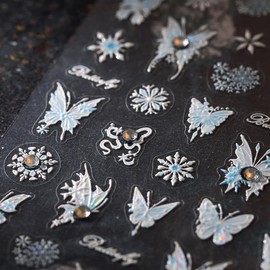 5D Embossed Butterfly Nail Stickers with Rhinestone Snowflake Nail Art Stickers Light Blue Nail Decals Cute Stickers for Nails Designs Adhesive Nail Art Supplies for Women Girls DIY Manicure 1 Sheets