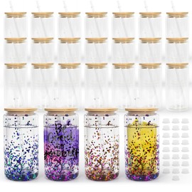 FECBK 25 Pack Snow Globe Tumbler with Bamboo Lids and Straws 16oz Sublimation Snow Globe Tumbler Clear Pre Drilled Beer Can Glass Cup for Iced Coffee, Juice, Soda, DIY Snow Globe