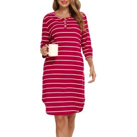 Vlazom Women’s Nightdresses Soft Cotton Nightshirt Stripe 3/4 Sleeve Sleep Dress Sleepwear with Pockets, Red,M