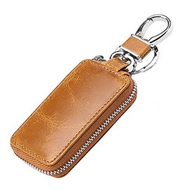 MiOYOOW Leather Car Key Bag, Car Key Signal Shielding Box, Car Smart Keychain Coin Holder Car Remote Key Chain for Women and Men, 8.5 × 2.4 cm, light brown