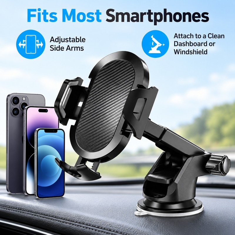 Car Phone Mount with Long Adjustable Arm – Suction Cup