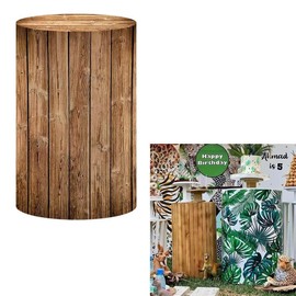 HISDH Vintage Wood Planks Spandex Round Cylinder Fabric Covers Jungle Safari Birthday Party Decorations Pedestal Stand Tablecloth Cover Baby Shower Wedding Parties(Fit for D13''xH24'' Tables)