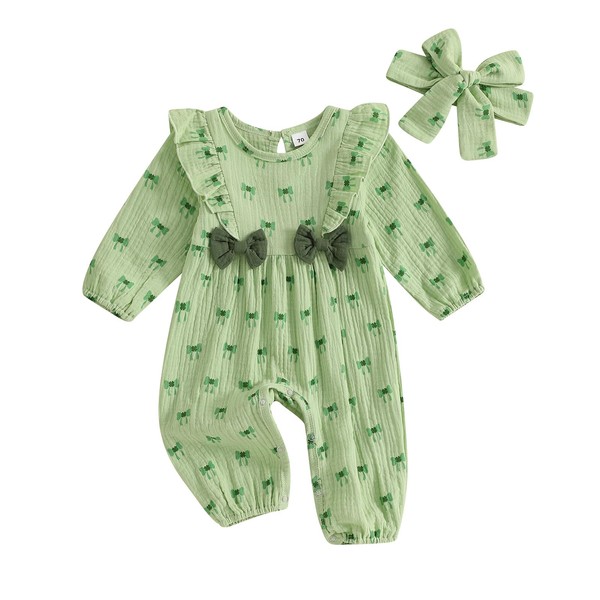 Loalirando St Patricks Day Baby Girl Jumpsuit Shamrock Bow Print