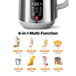 KIDISLE 8 in 1 Nut Milk Maker, 42oz Homemade Almond, Oat, Coconut, Plant Based Milks and Non Dairy Beverages, Stainless Steel Automatic Soy Milk Machine with Delay Start/Keep Warm/Boil Water, Silver