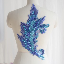 Yulakes 1 x Sequin Feather Applique, Sew On Patch, Embroidered Lace Neckline and Rhinestone Trim, Lace Applique, Floral Embroidery Patch for DIY Neckline, Wedding, Wedding Dress (Blue)