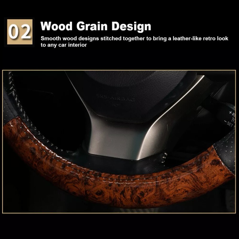 XUKEY 38cm Wood Grain Car Steering Wheel Cover Leather Breathable