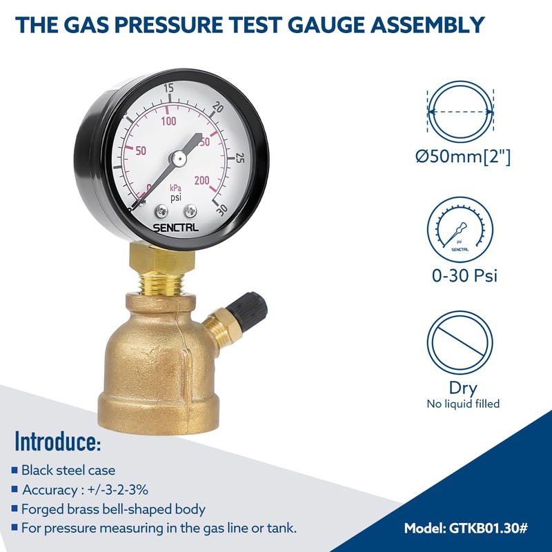 SENCTRL 0-30 Psi Gas Pressure Test Gauge, 2" Dial Size,
