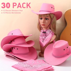 Coume 30 Pieces Western Cowboy Hat Costume Accessories Paisley Bandanna Set Cowgirl Hats Bulk for Women Men Dress Party (Pink)