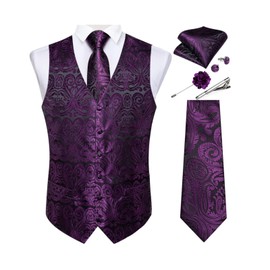 DiBanGu Mens Vest and Tie Set Formal Paisley Waistcoat and Necktie Pocket Square Cufflinks Silk Suit Vest for Tuxedo Wedding, Dark Purple, 3X-Large