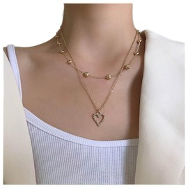 Inilbran Boho Layered Crystal Heart Necklace Choker Gold Rhinestone Heart Pendant Necklace Vintage Puffed Heart Chain Necklace Sparkly CZ Paved Love Heart Chain Necklace for Women and Girls