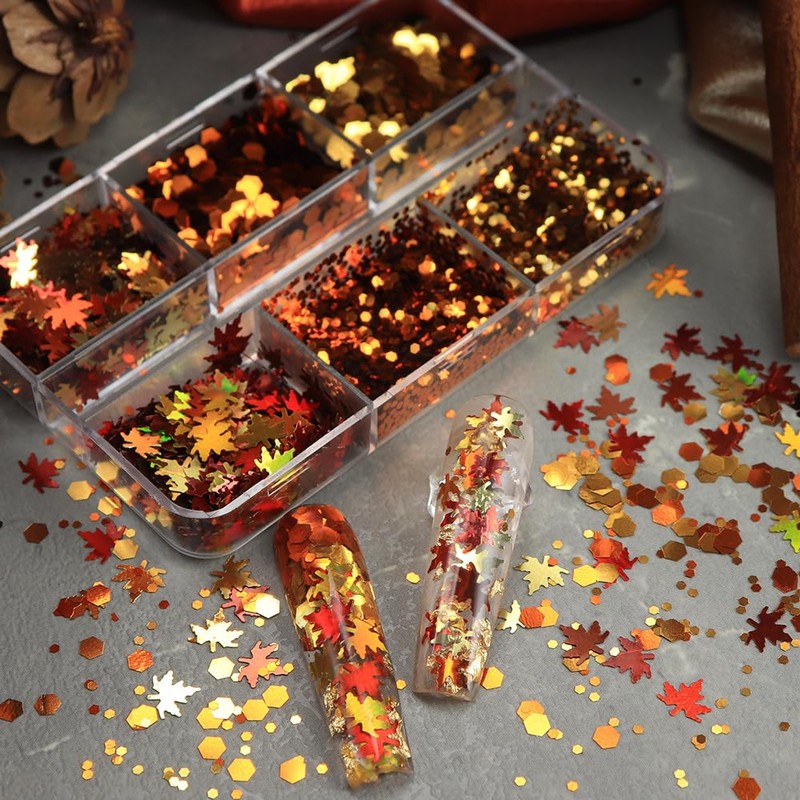 6 Grid Maple Leaf Glitter Nail Charms Autumn Maple Leaves