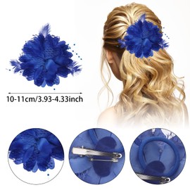 WLLHYF Women's Feather Flower Hair Clip Elegant Hat Flower Mesh Ribbons Brooch Pin Hair Accessory Fascinator Headpiece Floral Corsage for Women and Girls Birthday Wedding Party (Royal Blue)