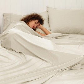 PHF Cooling Sheets Set Twin Size, Rayon Derived from Bamboo & Polyester, Breathable & Wrinkle Free Silky Soft Bedding Sheets, Wider Elastic Band, 16" Deep Pocket Bedding Set & Pillowcase, Natural