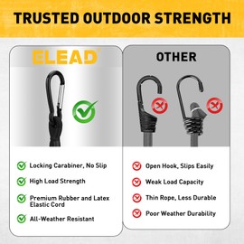 6 Piece 12 Inch Carabiner Bungee Cords with Hooks, Heavy Duty Outdoor Bungee Cords with Carabiner Hooks, 6" Nylon Cable Ties, UV & Weather Resistant