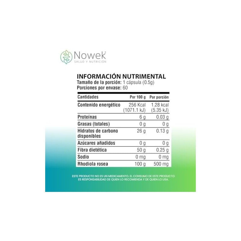 Nowek Rhodiola Rosea 60 Cápsulas Suplemento Alimenticio Ingredientes Naturales No