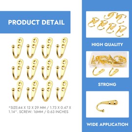 No Rust Golden Coat Hooks 12 Pack Utility Hanging Hooks Wall Mounted Metal Hanger Hook with 24 Pieces Screws for Clothes, Towel, Key, Purse, Robe, Scarf, Bag, Cap, Coffee Cup, Mugs, Pet leashes