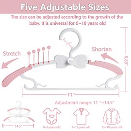 WJWSKI Baby Hangers for Closet 20pcs, Pink Kids Clothes Hanger Plastic, 11-14.5" Adjustable Perchas for Child Dresses, Non-Slip Children Bow Hanger for Girl Toddler Infant Nursery Newborn Clothing