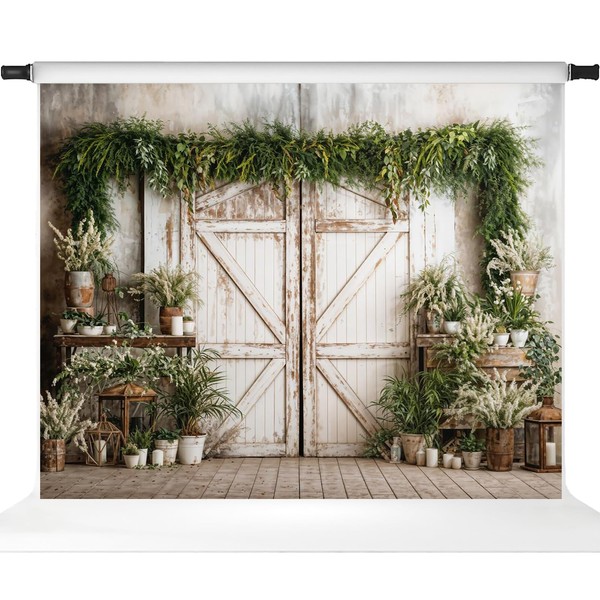 Kate Spring Photo Backdrop Fabric Green Plant Rustic Wood Door