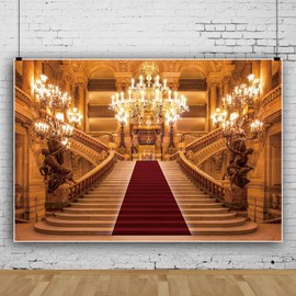 6x3 Gold Luxurious Palace Backdrop Old Church European Castle Golden Vintage Church Chandelier Staircase Red Carpet Girls Lover Wedding Ceremony Birthday Photography Background Photo Booth