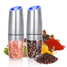 Electric Salt and Pepper Grinder Set, Gravity Sensor, 2 Pack Grinder With 1 Brush, One Hand Operation, Battery-operated with Adjustable Coarseness, Blue Led Light (Sliver 2P)