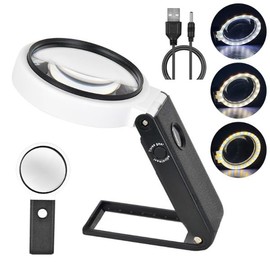 Bysameyee Lupas con luz y soporte, lupa iluminada de mano de 10 x 25 x, lupa grande de pie con 32 luces LED para cerrar la colección de sellos de monedas