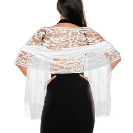 GEEHUA Women's Floral Lace Scarf Shawl with Tassels, Formal Wraps Soft Mesh Fringe Wraps for Wedding Evening Party Dress (White)