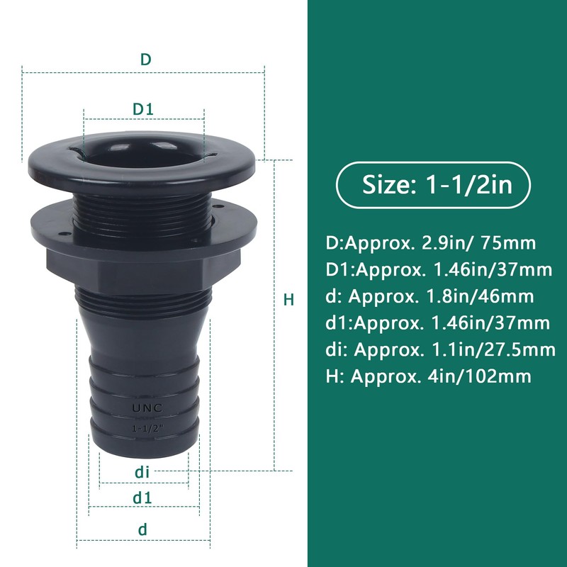 1-1/2in Thru Hull Fittings for Boats, ABS Plastic Through Hull