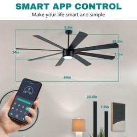 SHOWDI Ceiling Fan with Lights and Remote Control, 8 Blade App Commercial Industrial Ceiling Fan with Lights Reversible Stepless Brightness and Color Temperature (Black, 84 Inch)