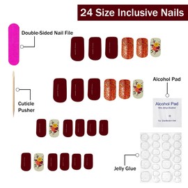 Press on Nails Medium Square SWEKKE Wine Red Fake Nails False Nails with Designs Colorful Flower Glitter Full Cover Glossy Glue on Nails Stick on Nails Acrylic Nails for Women Girls 24 Pcs