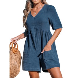 CUPSHE Women's Jumpsuits V-Neck Wide Leg Romper Short Sleeves Overall with Front Pockets Outfit Casual Beach,M